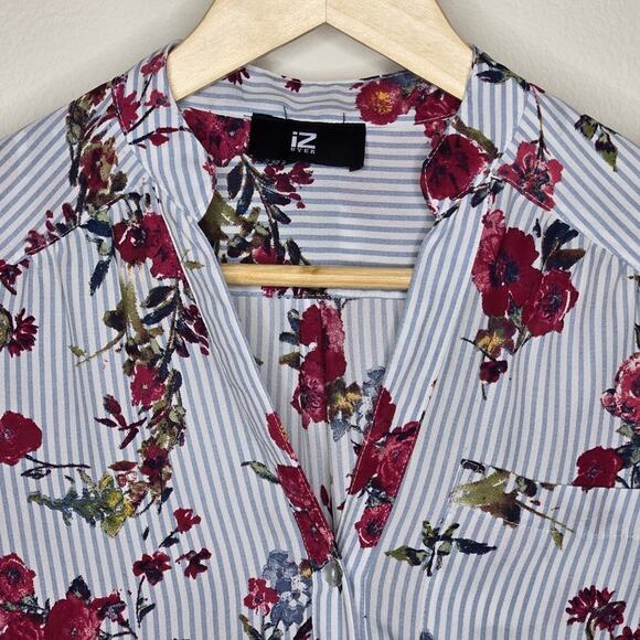 IZ BYER Blue & White Striped & Burgundy Floral Blouse Size XS - Picture 2 of 10
